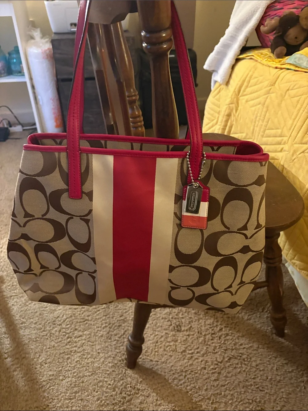 Coach Canvas Tote with Pink Stripe and Pink Trim